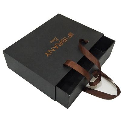 China Recyclable Luxury custom gold foil logo black dress suit clothes packaging drawer gift box with handle for sale