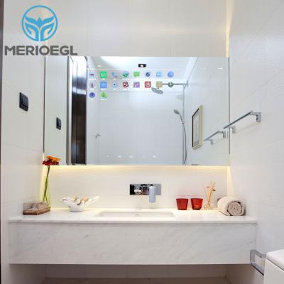 China Rectangle TV Mirror Clock Bathroom Touch Electronic Illuminated Smart Mirror for sale