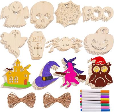 China Hot Sale 60PCS Halloween DIY Wooden Christamas Decoration Amazon Unfinished Ornaments For Crafts Perforated TOYS0898 for sale