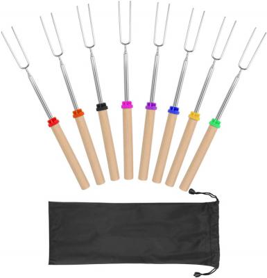 China Amazon Hot Sale 8PCS Marshmallow Roasting Easily Cleaned Telescopic Sticks with Wooden Handle Extendable BBQ Telescoping Forks Set, TOYS0148 for sale