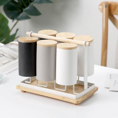 China Sustainable Nordic Style Mug Eco-friendly Ceramic Mug With Bamboo Stand With Tray And Spoon Coffee Tea Mug for sale