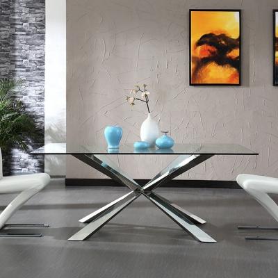 China Extendable stainless steel dining table tempered glass for sale