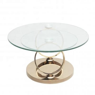 China Luxury Convertible Mounted Gold Bronze Brushed Stainless Steel Center Table Tempered Glass Clad Round Coffee Table for sale