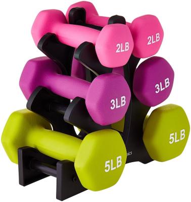 China pvc covered dumbbell colored neoprene coated dumbbell set with rack 3LB*2 5LB*2 8LB*2 for sale