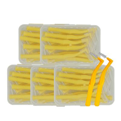 China Hot Selling 100pcs 1.0mm Flosser Long Handle Adult Child Adult Plastic Yellow Interdental Brush Rubber Oral Cleaning Rechargeable Flosser for sale