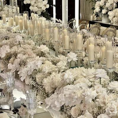 China Cheap Tall Crystal Glass Weddings Table Tops Wedding Decoration Centerpieces Glass Tube Candelabra Popular 8PM Candle Holders for sale