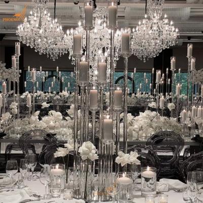 China Weddings Clear Cheap Wholesale Centerpiece Pent 120 Cm Long Glass Tubes 10 Arms Candle Holder Candelabra for sale