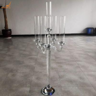 China Unique Art Modern Trend New 45 Inch Tall Clear Crystal Shade K9 Candle Holders Candelabra 5 Arms Crystal Glass Tubes Wedding Centerpieces for sale