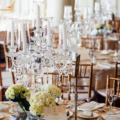 China Trendy classic high quality tall clear crystal candelabras 5 arm candle holders weddings table decorations centerpieces for sale for sale