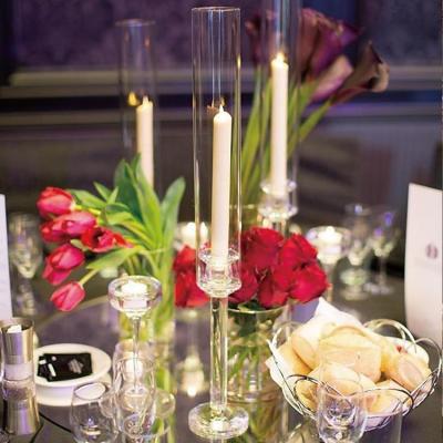 China Modern Cheap Tall Clear Crystal Candle Tube Candle Holder Set with Glass Shade for Table Top Decorations for sale