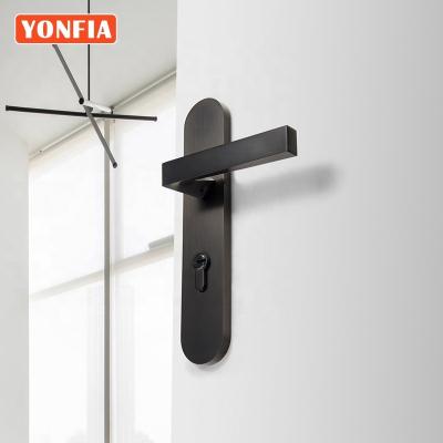 China Handle on the flat design YONFIA 803409N modern square black villa piece zinc alloy door handle on the plate mortise door handle lever for interior door for sale