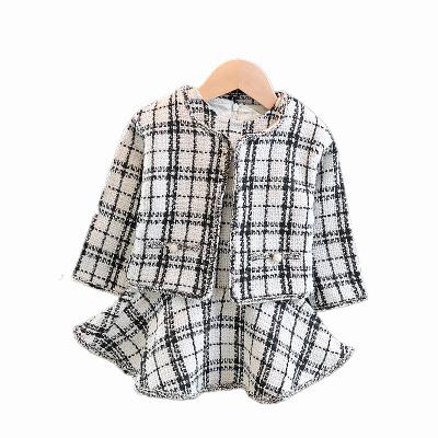 China 95% Polyester 5% Spandex Jackets Skirt Suits Set Material Plaid Girls Woolen Dresses for sale