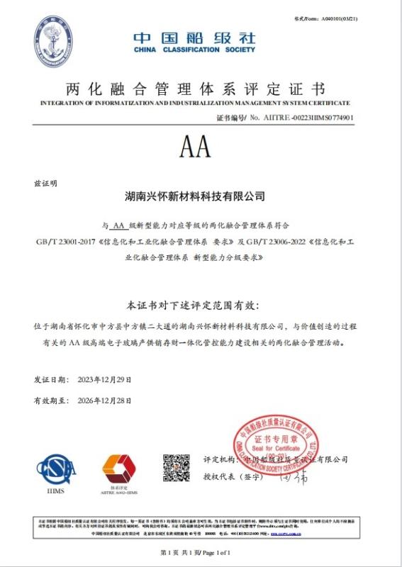 INTEGRATION OF INFORMATIZATION AND INDUSTRIALIZATION MANAGEMENT SYSTEM CERTIFICATE - Hunan Xinghuai New Materials Technology Co., Ltd.