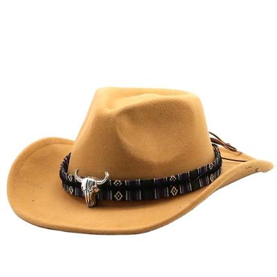 China Character Metal Bullhead Cowboy Cowboy Top Hat Autumn And Winter Jazz Cap Western Warm Wool Felt Hat for sale