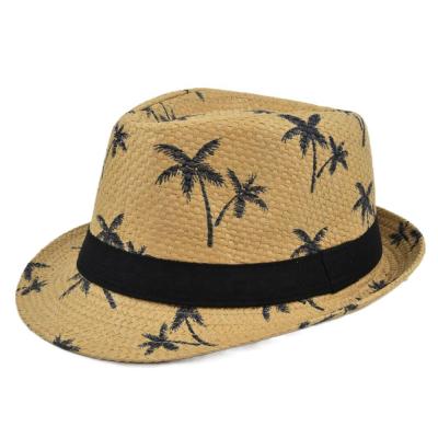 China Character Straw Coconut Tree Printed Fedora Hat Sun Hat Beach Paper Hat for sale