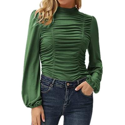 China European and American soft feeling new hot sale autumn and winter solid color long lantern sleeves high collar pleated thin T-shirt for sale