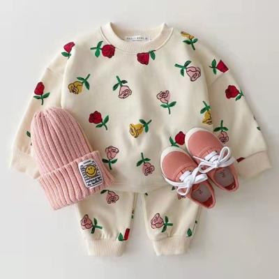 China Rose Printed Design Children Spring Washable High Quality Casual Set Baby Girls Pants Cotton Two Piece Sweatshirt Sets For Kids for sale