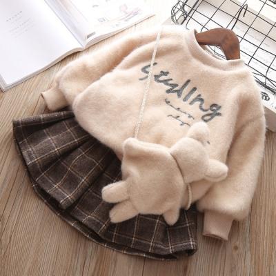 China New Arrival Casual Autumn Winter Fashion Design Two Piece 2021 Kids Knit Mini Plaid Skirt And Top Set Set For Little Girls Two Piece for sale