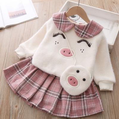 China Casual Winter Baby Clothing Sets Girl Long Sleeve Sweater Peter Pan Collar +Plaid Border 2 Pcs Dress Set Autumn Toddler Clothes Girls Bag for sale