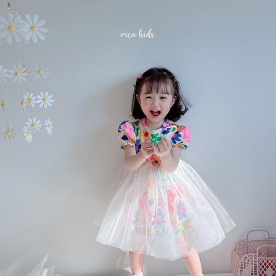 China Breathable Kids Dresses For Girls Summer Version Mesh Flower Princess Korean Short Sleeve Dress Kids Girl Knitted Skirt 2021 New for sale