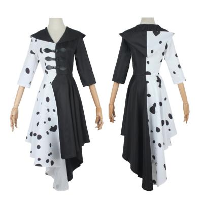 China Women Cruella Costume Black White Dress Halloween Cosplay Polyester Anime Costumes for sale