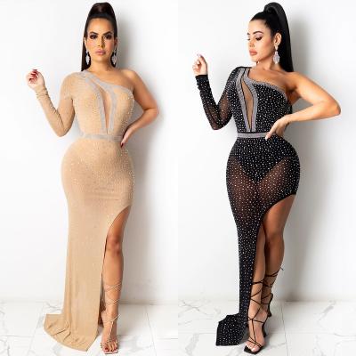 China L146 Ladies Anti-Static Sparkle Simple Club Maxi Gown Sexy Dresses Party Sequin One Shoulder Dress One Sleeve Nude Rhinestone Jumpsuit for sale