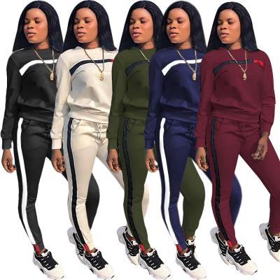 China 2 Pieces 2021 New Arrival L384 Breathable Women Outfits Pullover Contrast Stripe Sweat Suit Set for sale