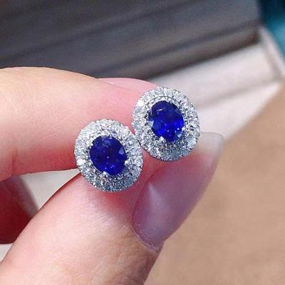 China Latest Design TRENDY Oval Natural Sapphire Diamond Stud Earrings 18k Gold Stone Stud Earrings Women for sale