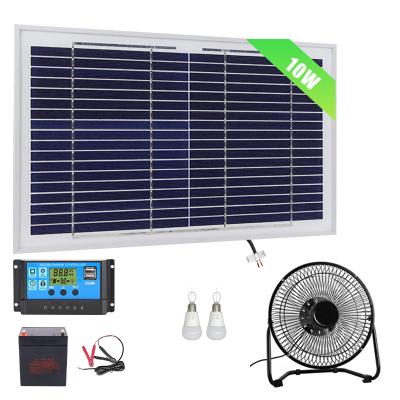 China Home 10W Off Grid mini outdoor power system with 10W Poly Solar Panel + 10A Solar Charge Controller + Battery + LED Bulb + Fan for sale