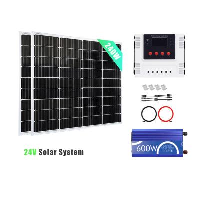 China Home Customized Solar Panel System supplier 240W 24V Half Cut Mono Panel with 30A  PWM wifi Solar Controller + Inverter for carport for sale