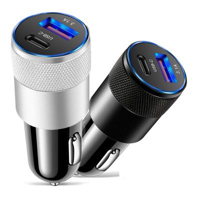 China Mobile Phone OEM Competitive Price Palladium Usb Type C Car Charger 3.1A Metal Dual Ports Usb Fast Charging Car Charger For Iphone for sale