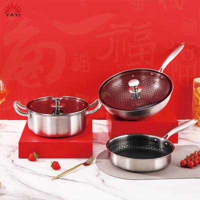 China Features Titanium Chinese 304 Stainless Steel Three Piece Pot Set Gift Set Cooking Pots Non Stick Cookware Set for sale