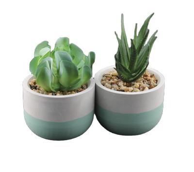 China Wedding green artificial succulent cement plant white-blue semi-cylindrical pot for sale