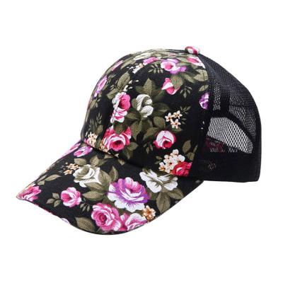 China breathable & Waterproof Custom 100% Polyester Curved Trucker Hat Print Flower Baseball Mesh Hat Cap for sale