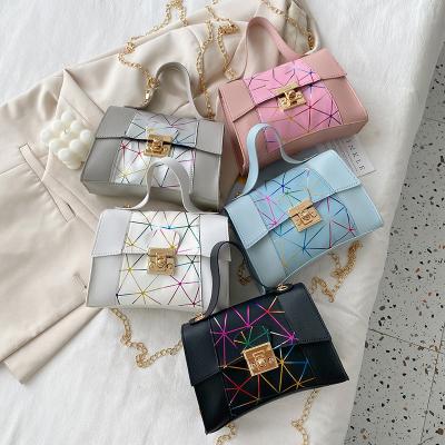 China Trendy One Shoulder Rhombus Lock Square Gradient Colored Bag Fashionable Geometric Laser PU Latch Cross - Body Handbags for sale