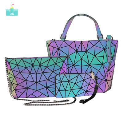 China 3 Pcs Fashionable Geometric Luminous Tote Bag Set Purses And Laser Women Shoulder Ladies Handbags for sale