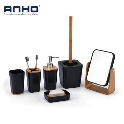 China Anho Sustainable Hot Sale 5PC Plastic Bathroom Set With Soap Dispenser Soap Dish Mirror for sale