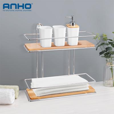 China Sustainable Bathroom Accessories Stainless Steel Wire Double Layer Bamboo Towel Storage Desktop Rack for sale