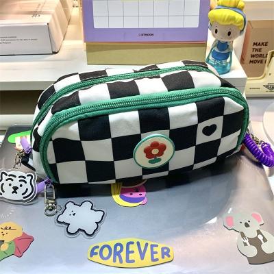 China Schools & Hot White Black Checkerboard Sale Stationery Contrast Color Storage Bag Double-layer Large-Capacity Multifunctional School Pencil Case for sale