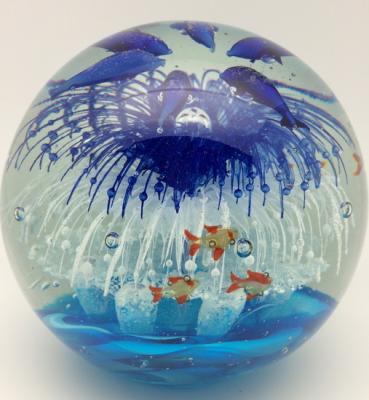 China China Blue and White Flower Paperweight with Dolphins/Glow in Dark Art Glass /Home for sale