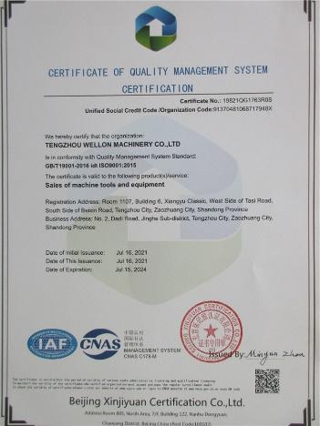 ISO9001 - Tengzhou Wellon Machinery Co., Ltd.