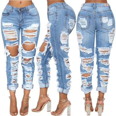 China IF-544 Color Fade Proof Women Waist Jeans Tops Ripped Button Ladies Jeans Pants Blue Loose Jeans Women 2021 Pants for sale