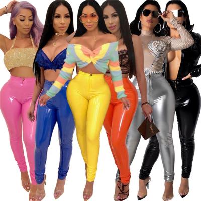 China 2022 IF-96 Anti-wrinkle PU leather pants women stacked sports tracksuit elastic waist top plus size pants women ladies for sale