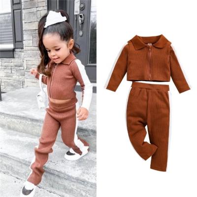 China LFQ-196 Casual Kids 2 Pieces Set Brown Zipper Top +Jogger Children Girl's Clothing Sets 2021 Fashion Children Clothing Baby Clothes for sale