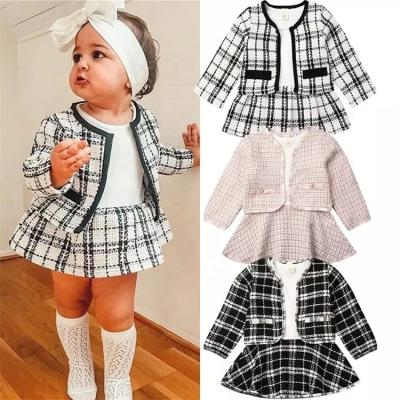 China IF-83 Casual Babies Clothing Sets Little Kids Fall Long Sleeve Dress+Plaid Coat Baby Bridesmaid Dresses 2021 Clothing for sale