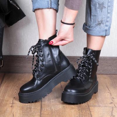 China LFZ-139 Women's Round Toe Lace Up Chunky Heels Short Leather Platform 2021 Winter Anti-Slippery Ankle Boots Heels Women Shoes for sale