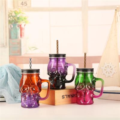 China Heavy Duty Skull Shaped Mason Mug Skull Glass Bottle Packaging Mason Glass Mug With Lid for sale