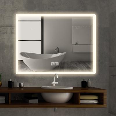 China Modern Style Lighted Time Display Mirror Rectangular Bathroom Customized Smart LED Backlit Demister Mirror for sale