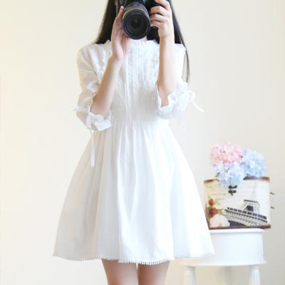 China Korea Style Washable Washable Girls Dress Wholesale Front Crinkle Dress White Wholesale Sweet Tendril Balance Dresses for sale