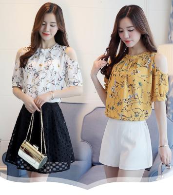 China Fashion Breathable Summer Wholesale Cheap Chiffon Off The Shoulder Floral Blouse Plus Size Women Tops for sale